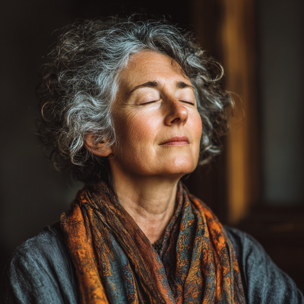 Mature woman around 50 years old sitting peacefully in meditation pose with eyes closed in a calm indoor environment