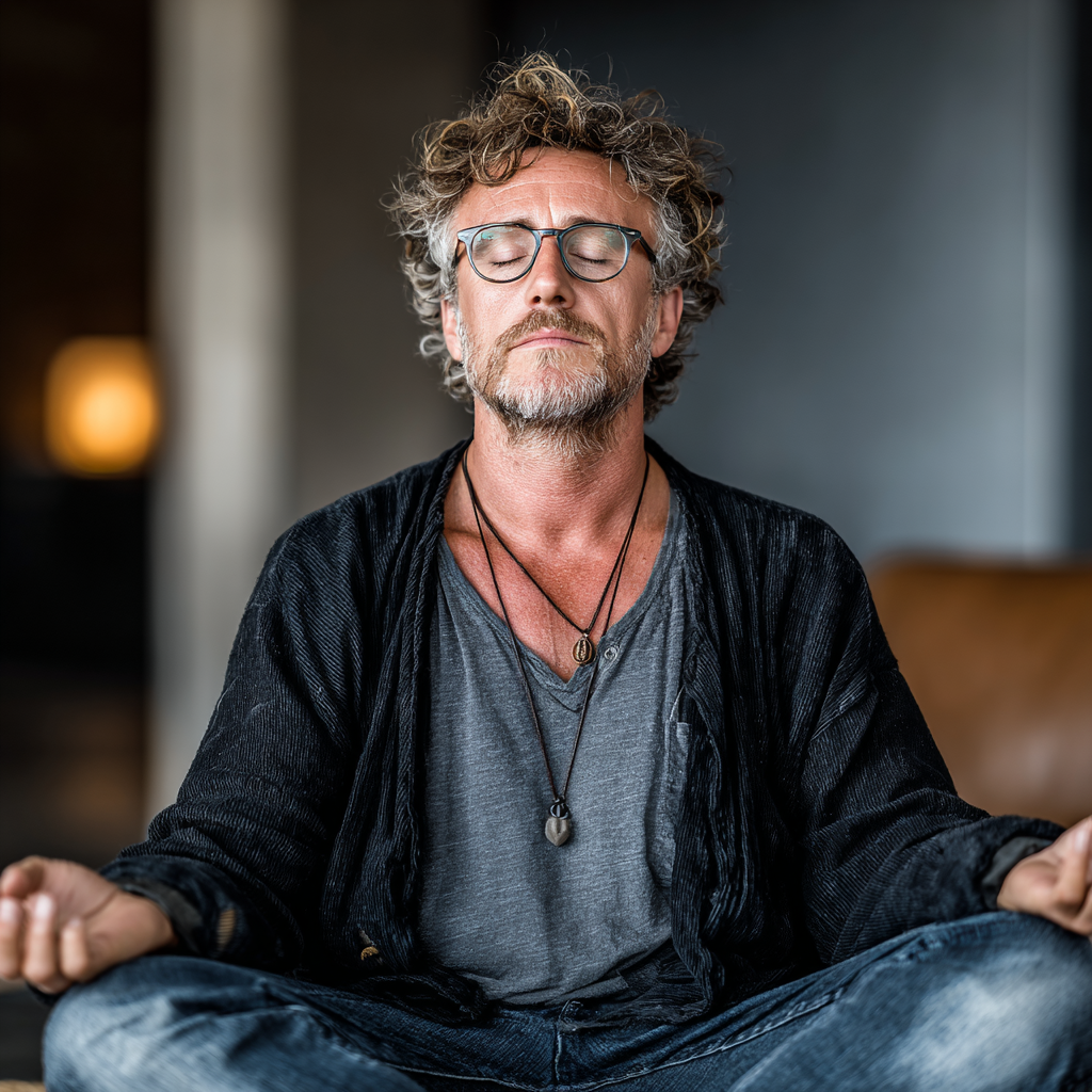 Peaceful middle-aged man in his late 40s meditating in comfortable yoga attire in a tranquil indoor setting